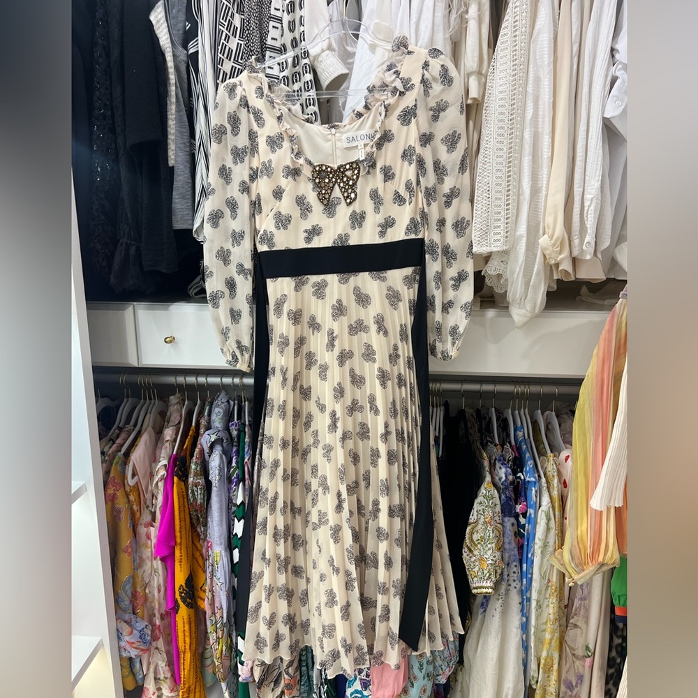 SALONI Ivory and Black Patterned Long Sleeve Dress